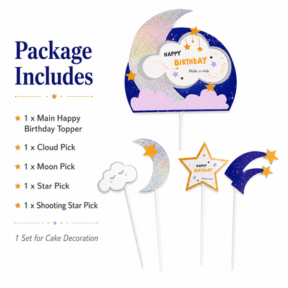Glitter Blue Moon and Stars Cake Topper - 5PC