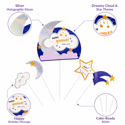Glitter Blue Moon and Stars Cake Topper - 5PC