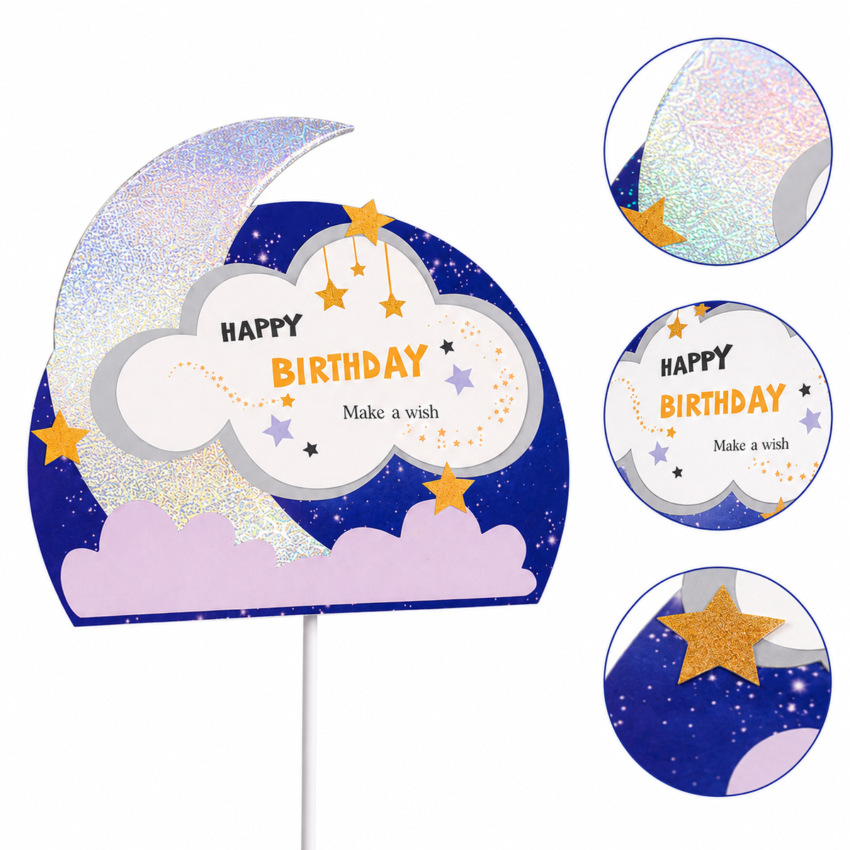 Glitter Blue Moon and Stars Cake Topper - 5PC