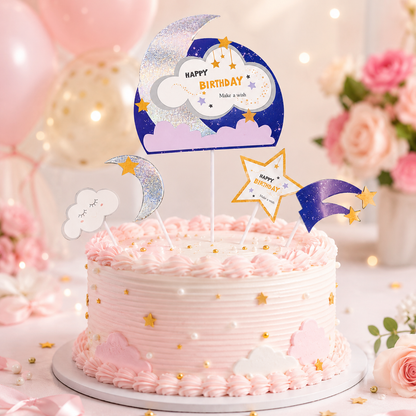 Glitter Blue Moon and Stars Cake Topper - 5PC