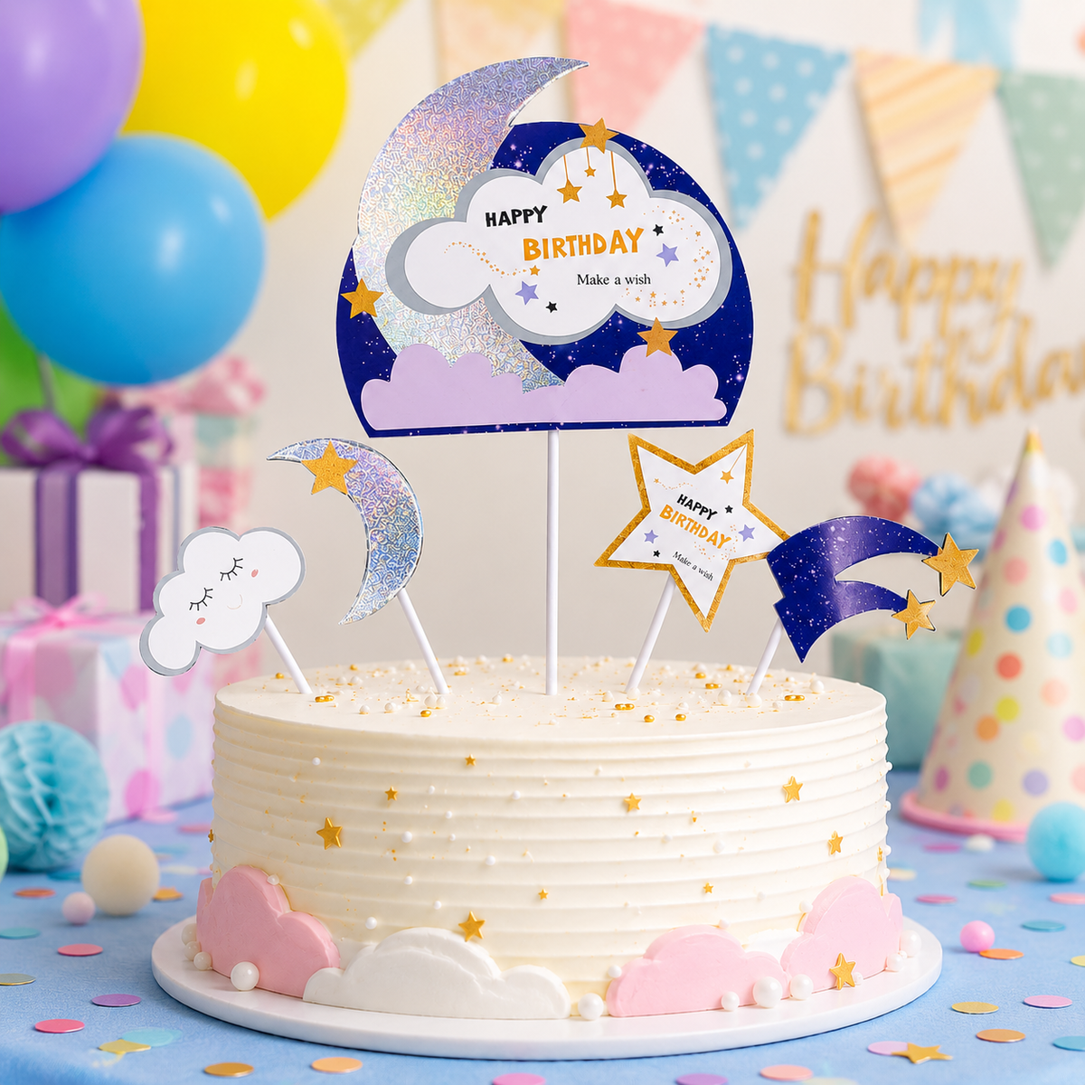 Glitter Blue Moon and Stars Cake Topper - 5PC