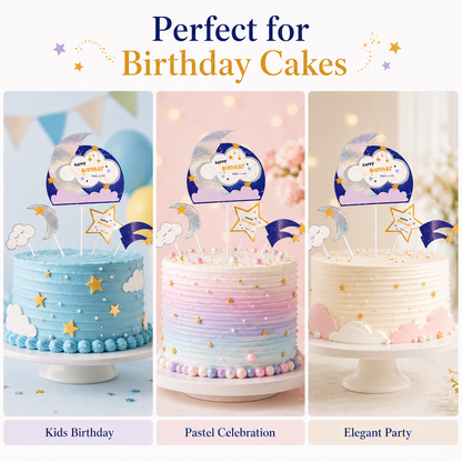 Glitter Blue Moon and Stars Cake Topper - 5PC