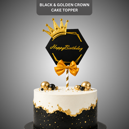 Happy Birthday Black & Golden Crown Cake Topper with and Bow | Royal Birhtday Cake Topper