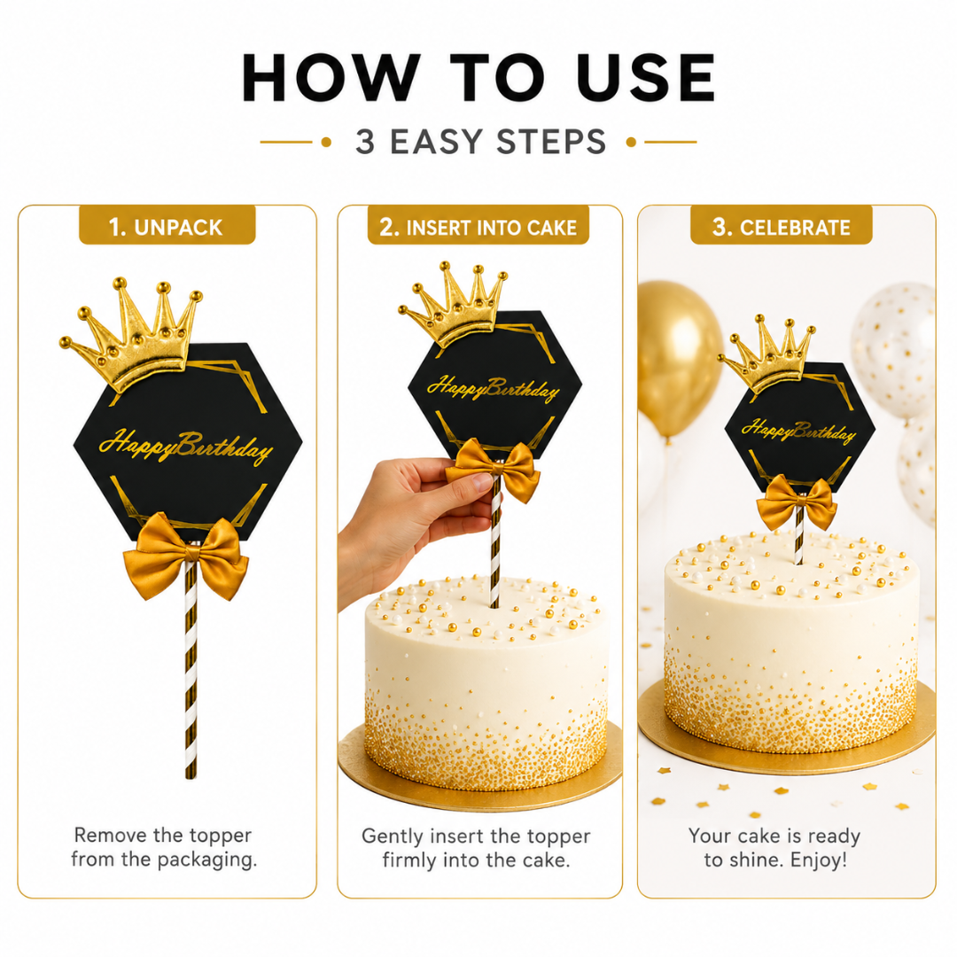 Happy Birthday Black & Golden Crown Cake Topper with and Bow | Royal Birhtday Cake Topper