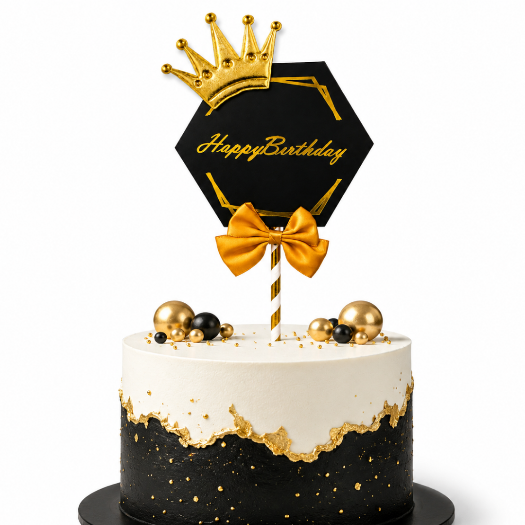 Happy Birthday Black & Golden Crown Cake Topper with and Bow | Royal Birhtday Cake Topper