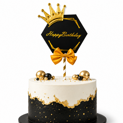 Happy Birthday Black & Golden Crown Cake Topper with and Bow | Royal Birhtday Cake Topper