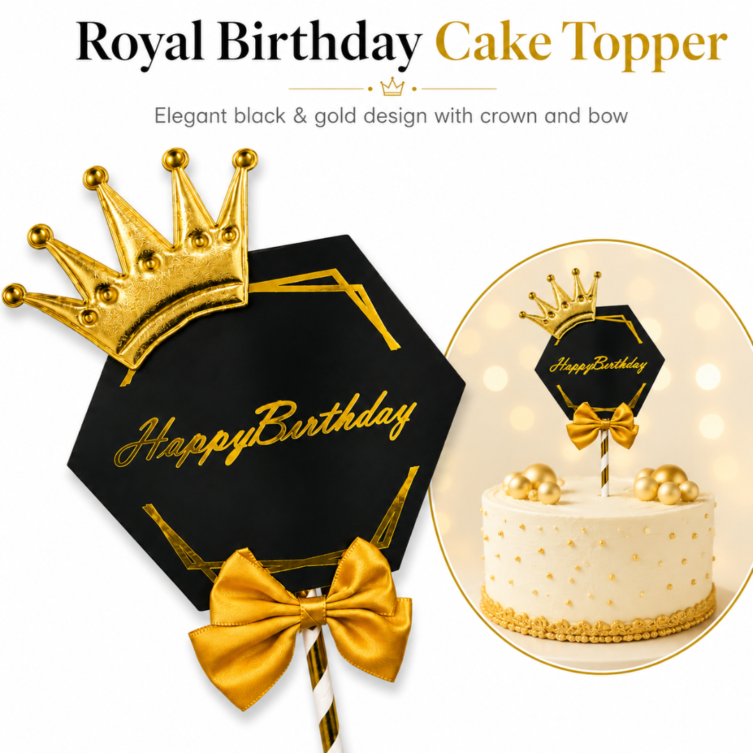 Happy Birthday Black & Golden Crown Cake Topper with and Bow | Royal Birhtday Cake Topper