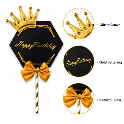 Happy Birthday Black & Golden Crown Cake Topper with and Bow | Royal Birhtday Cake Topper