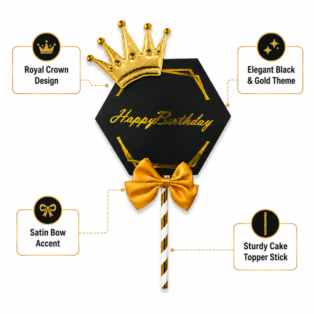 Happy Birthday Black & Golden Crown Cake Topper with and Bow | Royal Birhtday Cake Topper