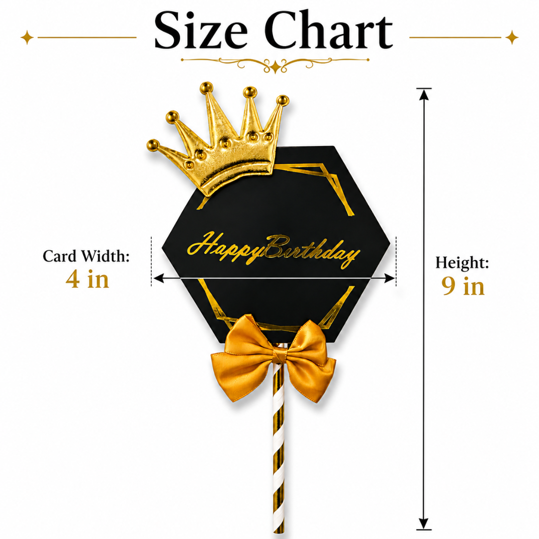Happy Birthday Black & Golden Crown Cake Topper with and Bow | Royal Birhtday Cake Topper