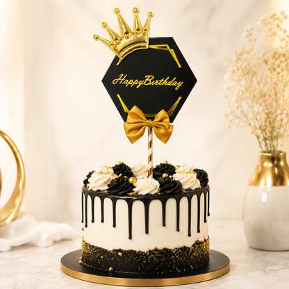 Happy Birthday Black & Golden Crown Cake Topper with and Bow | Royal Birhtday Cake Topper