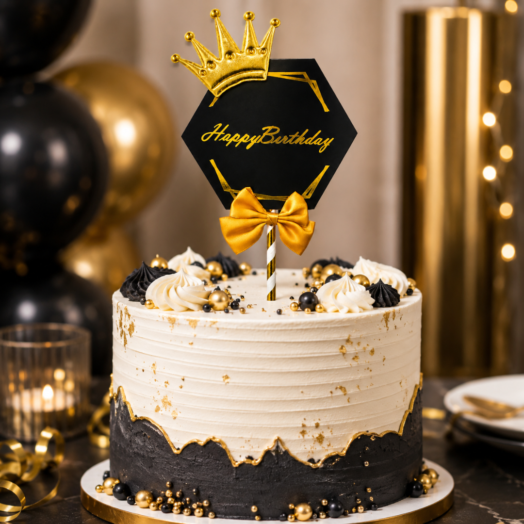 Happy Birthday Black & Golden Crown Cake Topper with and Bow | Royal Birhtday Cake Topper