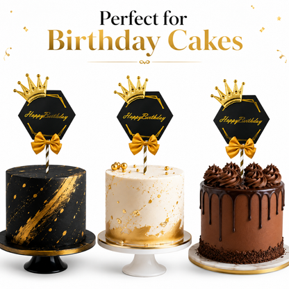 Happy Birthday Black & Golden Crown Cake Topper with and Bow | Royal Birhtday Cake Topper