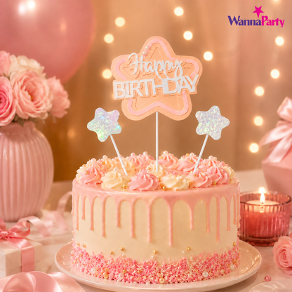 Happy Birthday Cake Topper Set of 3, Pink Birthday Pick with 2 Glitter Star Picks | Cake Decoration for Kids, Adults, Party Cakes, Cupcakes & Dessert Table - Set of 3PC