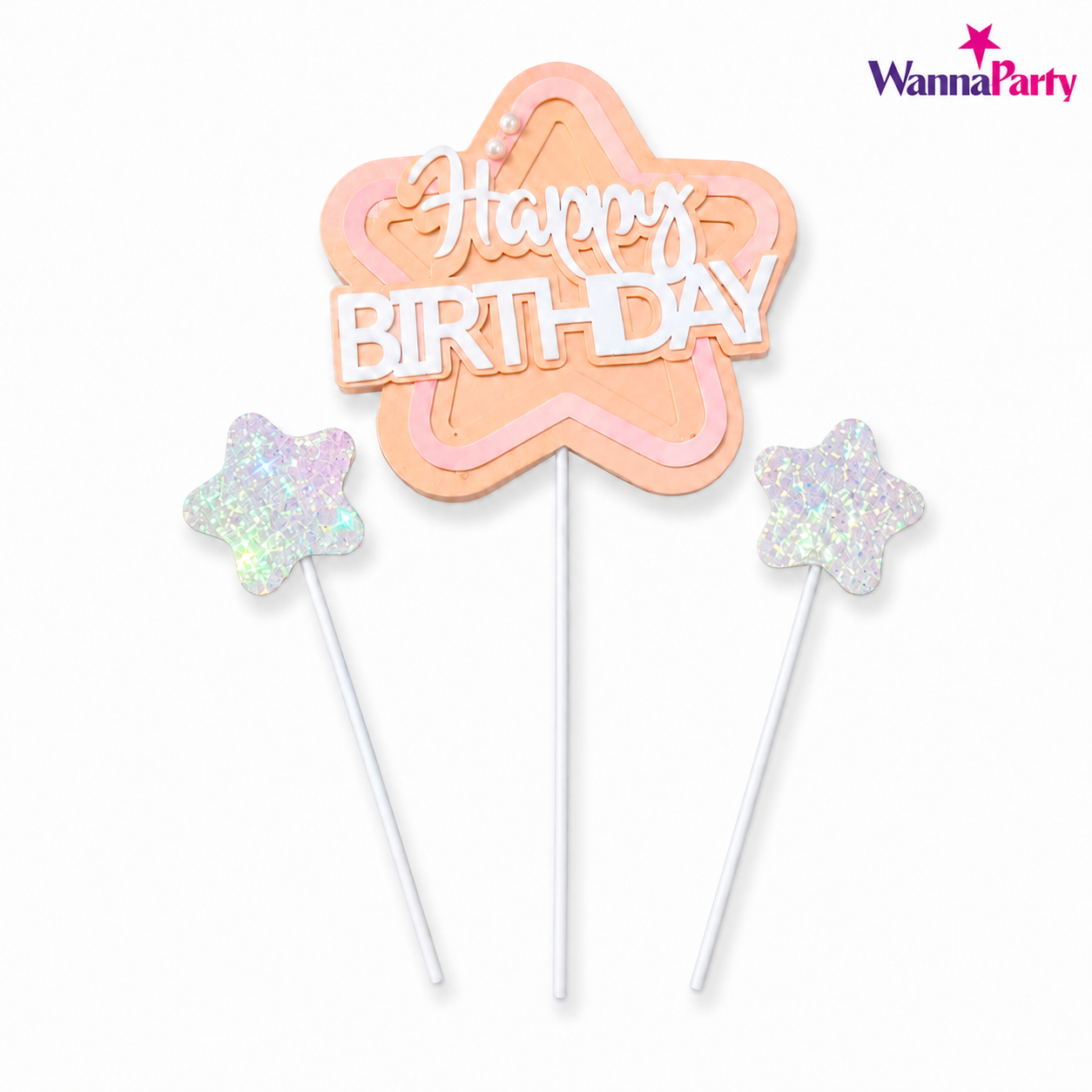 Happy Birthday Cake Topper Set of 3, Pink Birthday Pick with 2 Glitter Star Picks | Cake Decoration for Kids, Adults, Party Cakes, Cupcakes & Dessert Table - Set of 3PC