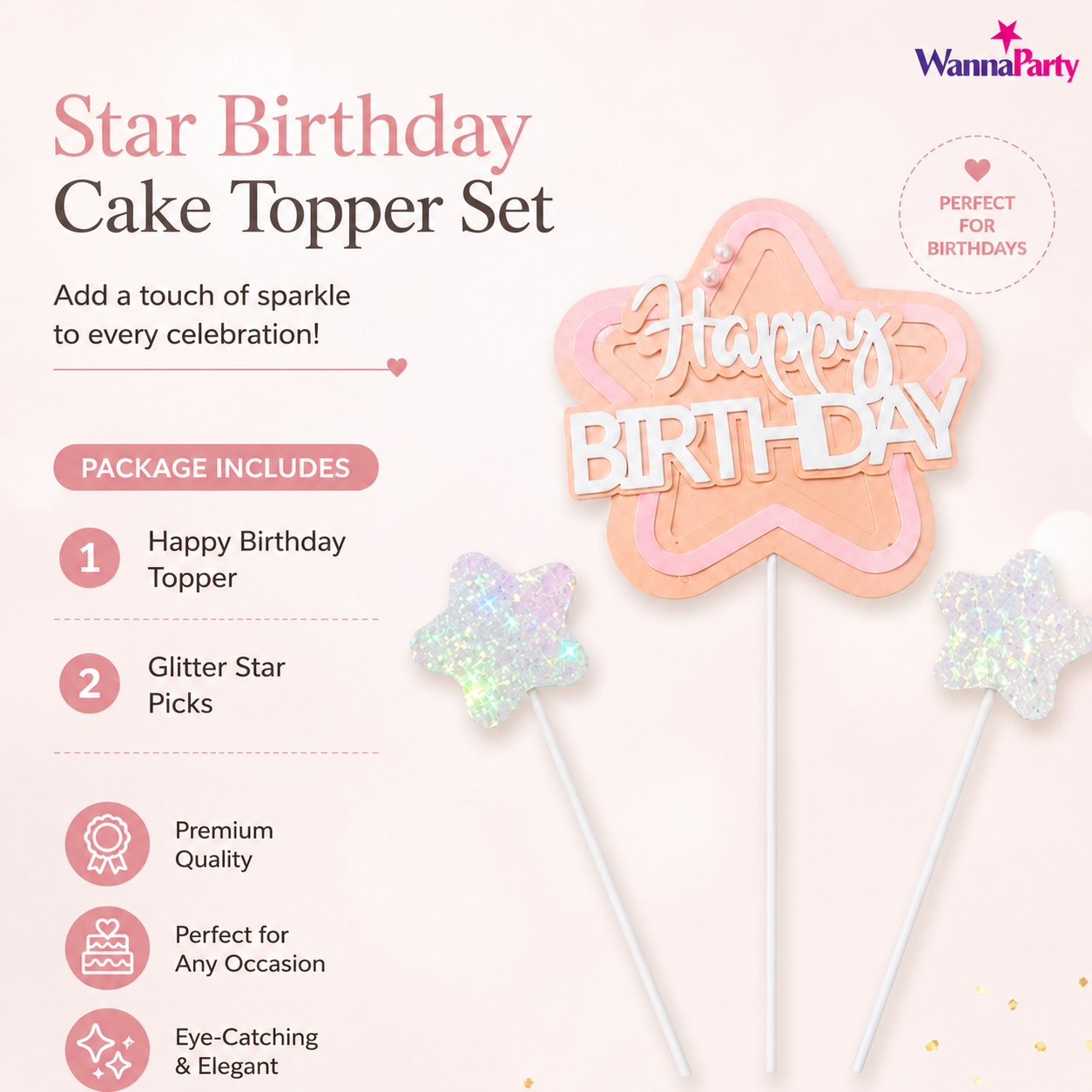 Happy Birthday Cake Topper Set of 3, Pink Birthday Pick with 2 Glitter Star Picks | Cake Decoration for Kids, Adults, Party Cakes, Cupcakes & Dessert Table - Set of 3PC