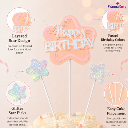 Happy Birthday Cake Topper Set of 3, Pink Birthday Pick with 2 Glitter Star Picks | Cake Decoration for Kids, Adults, Party Cakes, Cupcakes & Dessert Table - Set of 3PC