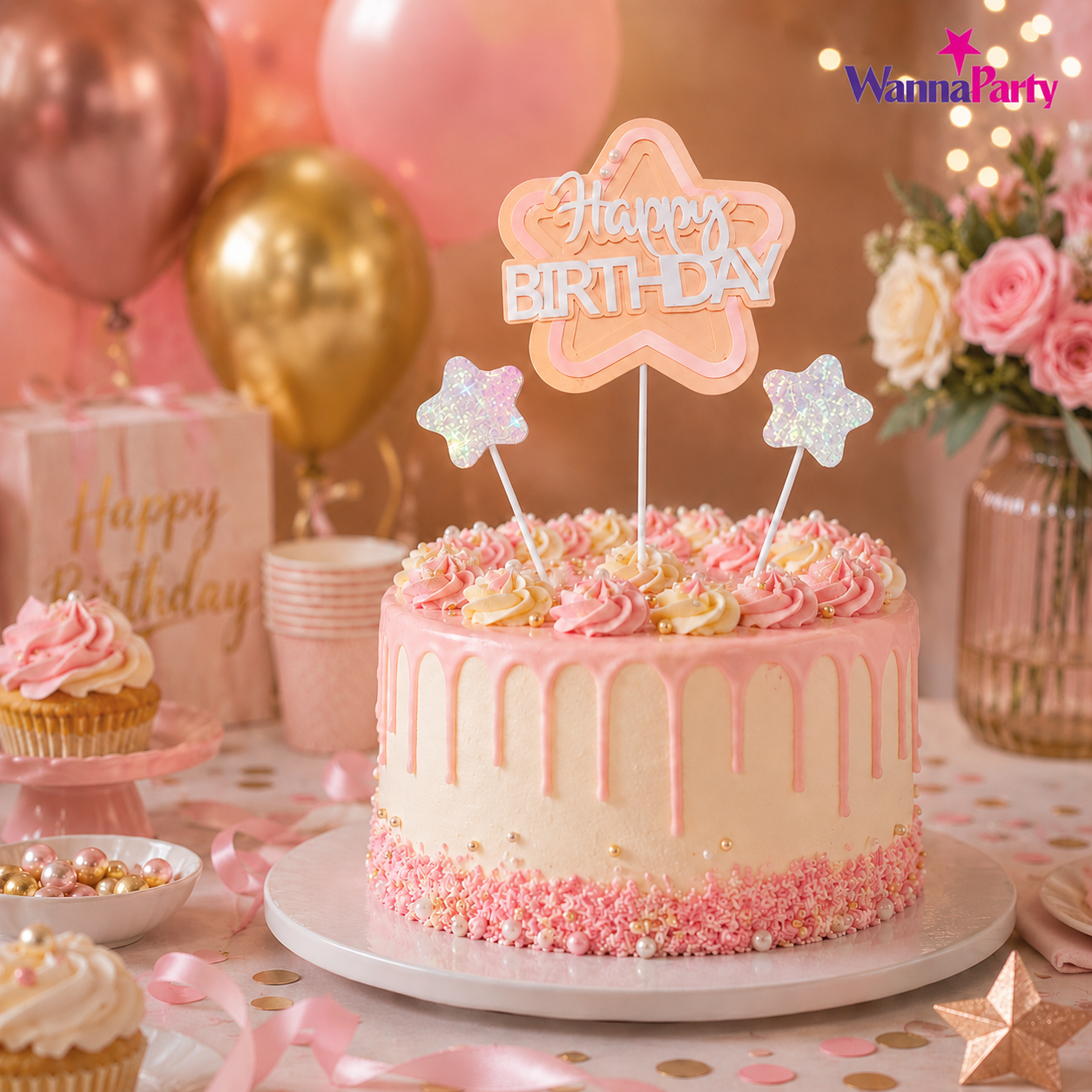 Happy Birthday Cake Topper Set of 3, Pink Birthday Pick with 2 Glitter Star Picks | Cake Decoration for Kids, Adults, Party Cakes, Cupcakes & Dessert Table - Set of 3PC