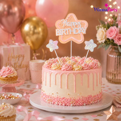 Happy Birthday Cake Topper Set of 3, Pink Birthday Pick with 2 Glitter Star Picks | Cake Decoration for Kids, Adults, Party Cakes, Cupcakes & Dessert Table - Set of 3PC