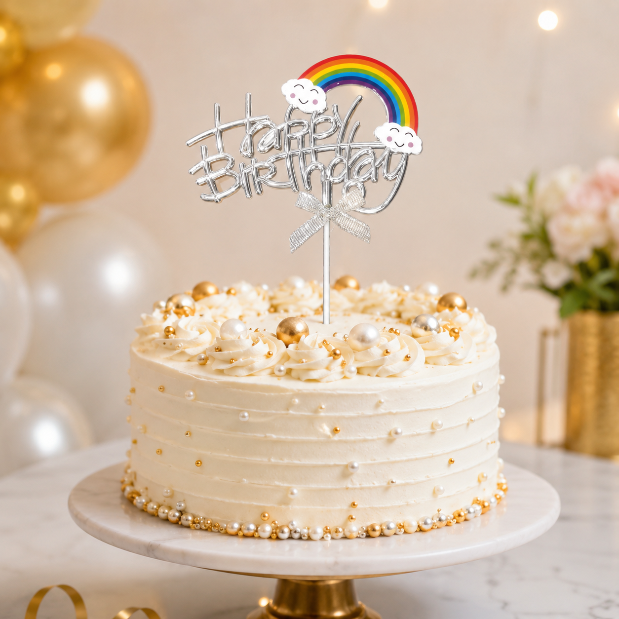 Happy Birthday Rainbow Cake Topper, Silver Script Design with Cloud Rainbow & Bow, Birthday Cake Decoration Pick for Kids, Adults, Party Cakes & Dessert Table – 1PC