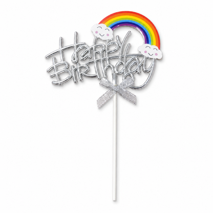 Happy Birthday Rainbow Cake Topper, Silver Script Design with Cloud Rainbow & Bow, Birthday Cake Decoration Pick for Kids, Adults, Party Cakes & Dessert Table – 1PC