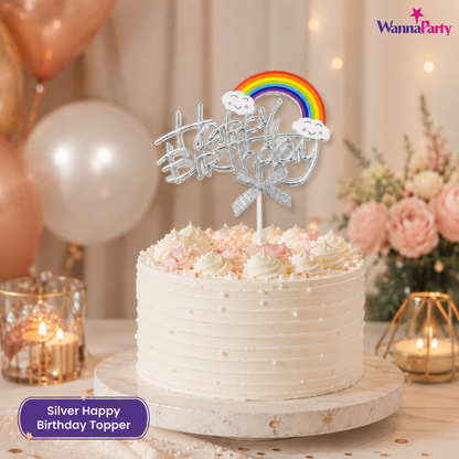Happy Birthday Rainbow Cake Topper, Silver Script Design with Cloud Rainbow & Bow, Birthday Cake Decoration Pick for Kids, Adults, Party Cakes & Dessert Table – 1PC