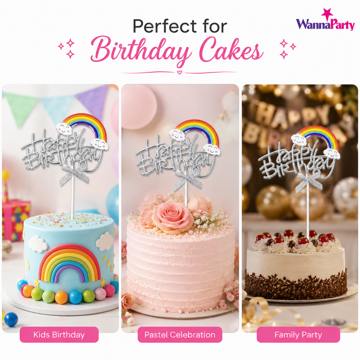 Happy Birthday Rainbow Cake Topper, Silver Script Design with Cloud Rainbow & Bow, Birthday Cake Decoration Pick for Kids, Adults, Party Cakes & Dessert Table – 1PC