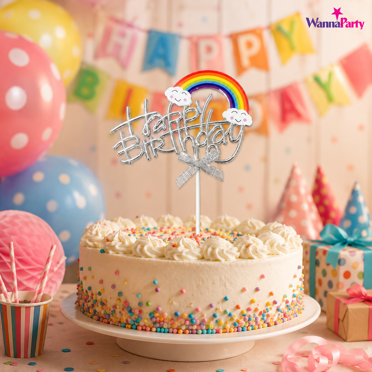 Happy Birthday Rainbow Cake Topper, Silver Script Design with Cloud Rainbow & Bow, Birthday Cake Decoration Pick for Kids, Adults, Party Cakes & Dessert Table – 1PC