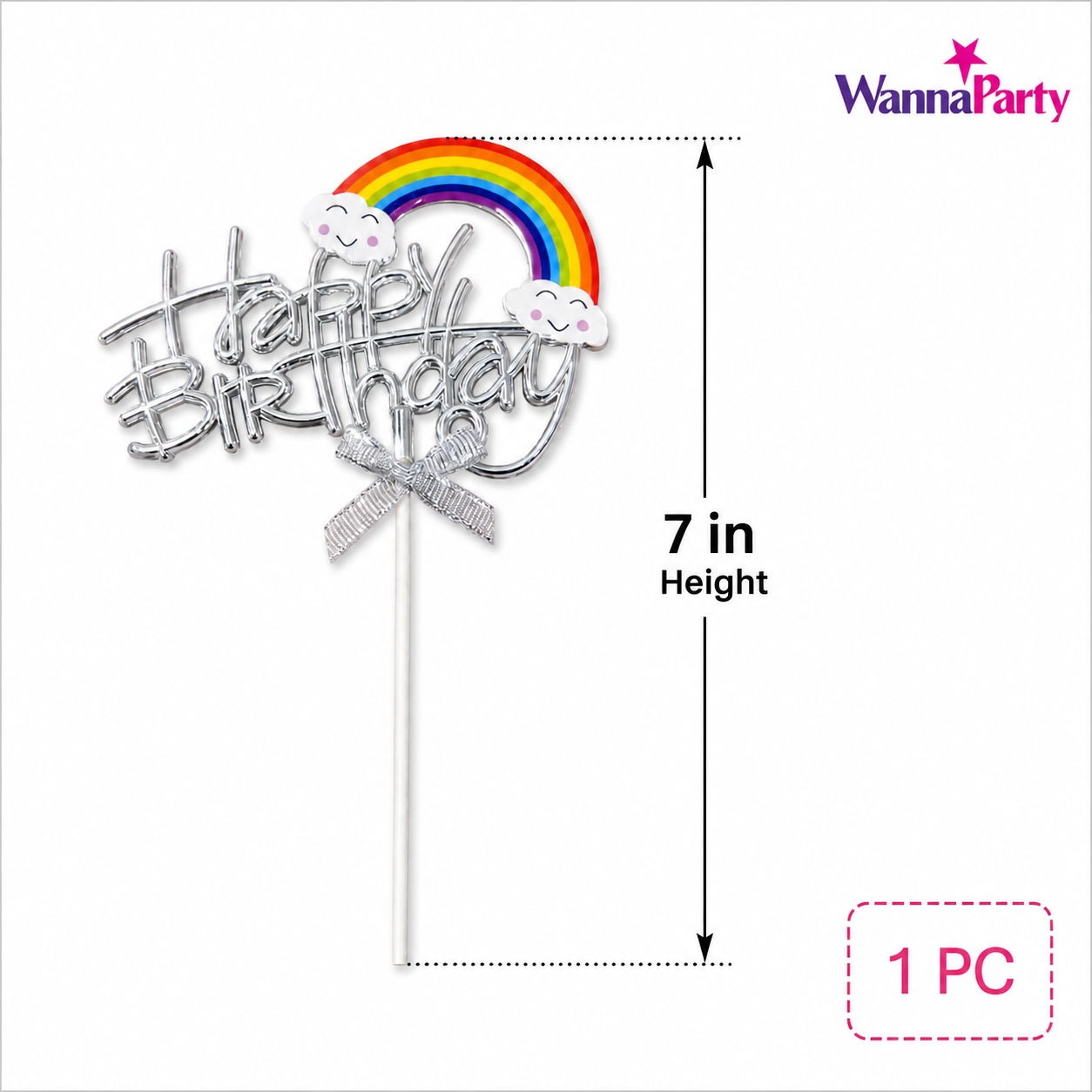 Happy Birthday Rainbow Cake Topper, Silver Script Design with Cloud Rainbow & Bow, Birthday Cake Decoration Pick for Kids, Adults, Party Cakes & Dessert Table – 1PC