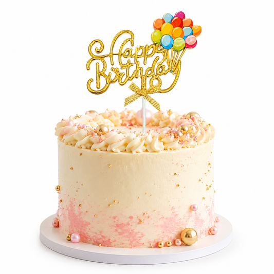 Happy Birthday Cake Topper, Gold Script Balloon Design with Bow, Multicolor Birthday Cake Decoration Pick for Kids, Adults, Party Cakes & Dessert Table – 1PC