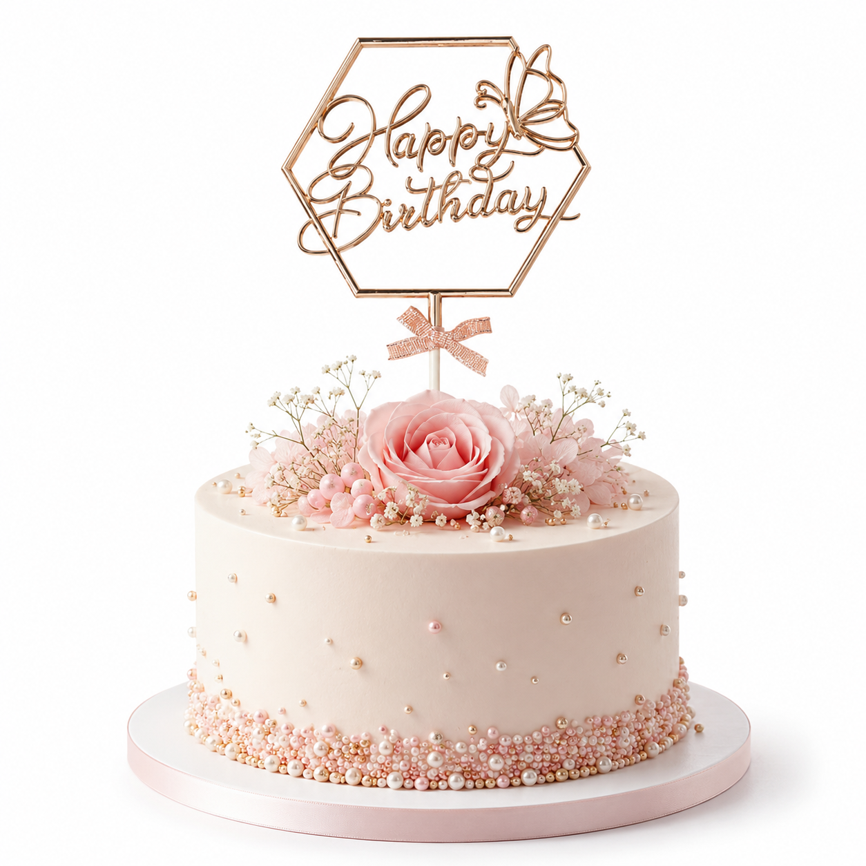 Happy Birthday Cake Topper, Rose Gold Hexagon Frame with Butterfly & Bow | Birthday Cake Decoration Pick for Kids, Adults, Party Cakes & Dessert Table – 1PC
