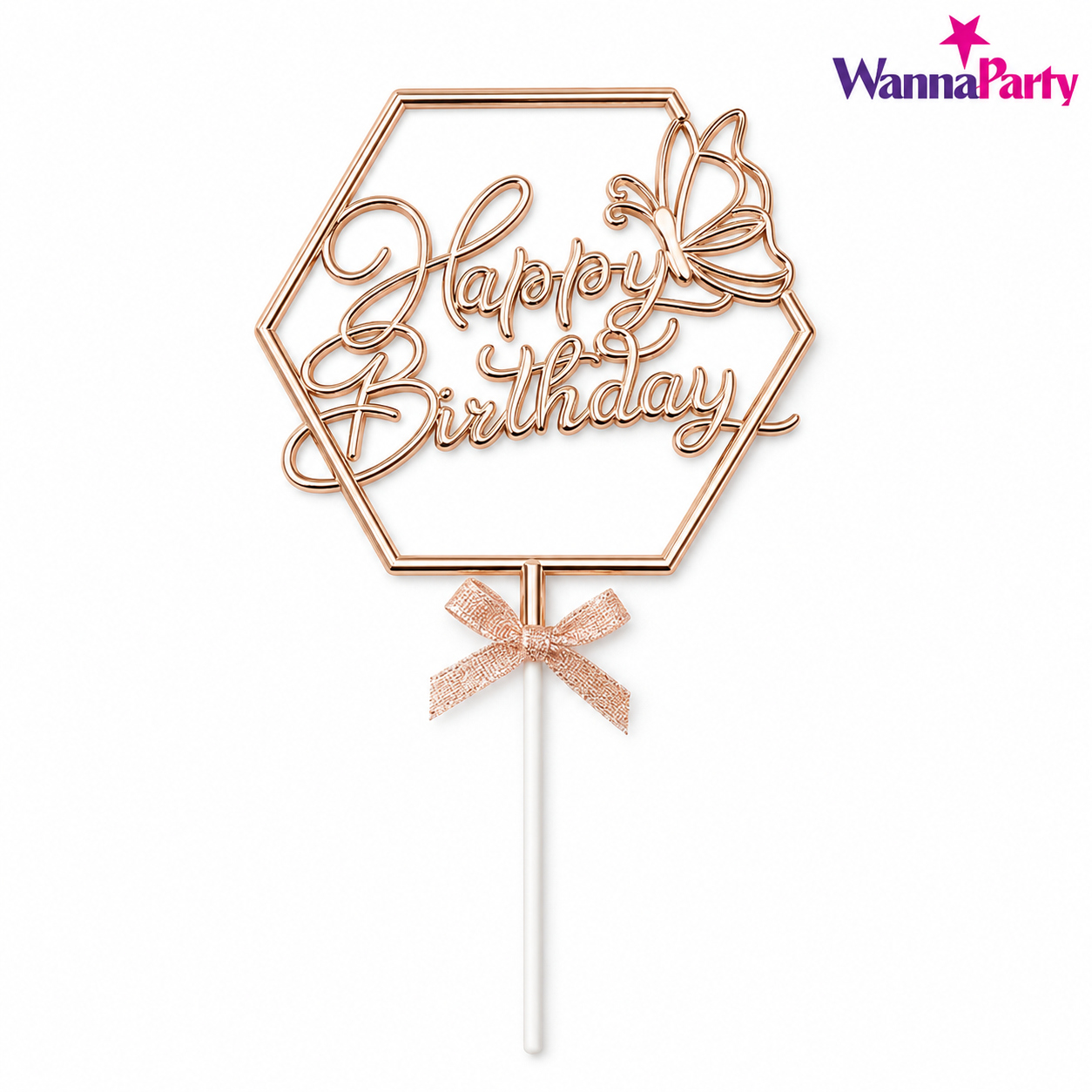 Happy Birthday Cake Topper, Rose Gold Hexagon Frame with Butterfly & Bow | Birthday Cake Decoration Pick for Kids, Adults, Party Cakes & Dessert Table – 1PC