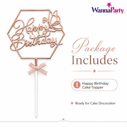 Happy Birthday Cake Topper, Rose Gold Hexagon Frame with Butterfly & Bow | Birthday Cake Decoration Pick for Kids, Adults, Party Cakes & Dessert Table – 1PC