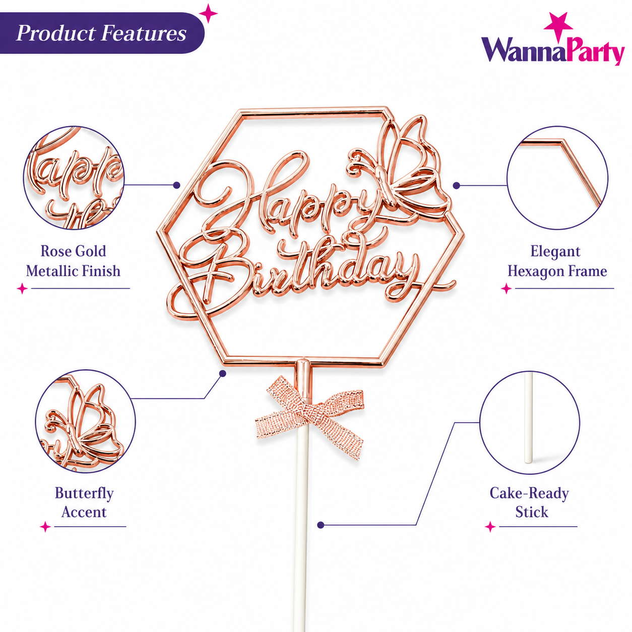 Happy Birthday Cake Topper, Rose Gold Hexagon Frame with Butterfly & Bow | Birthday Cake Decoration Pick for Kids, Adults, Party Cakes & Dessert Table – 1PC