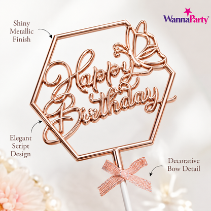 Happy Birthday Cake Topper, Rose Gold Hexagon Frame with Butterfly & Bow | Birthday Cake Decoration Pick for Kids, Adults, Party Cakes & Dessert Table – 1PC