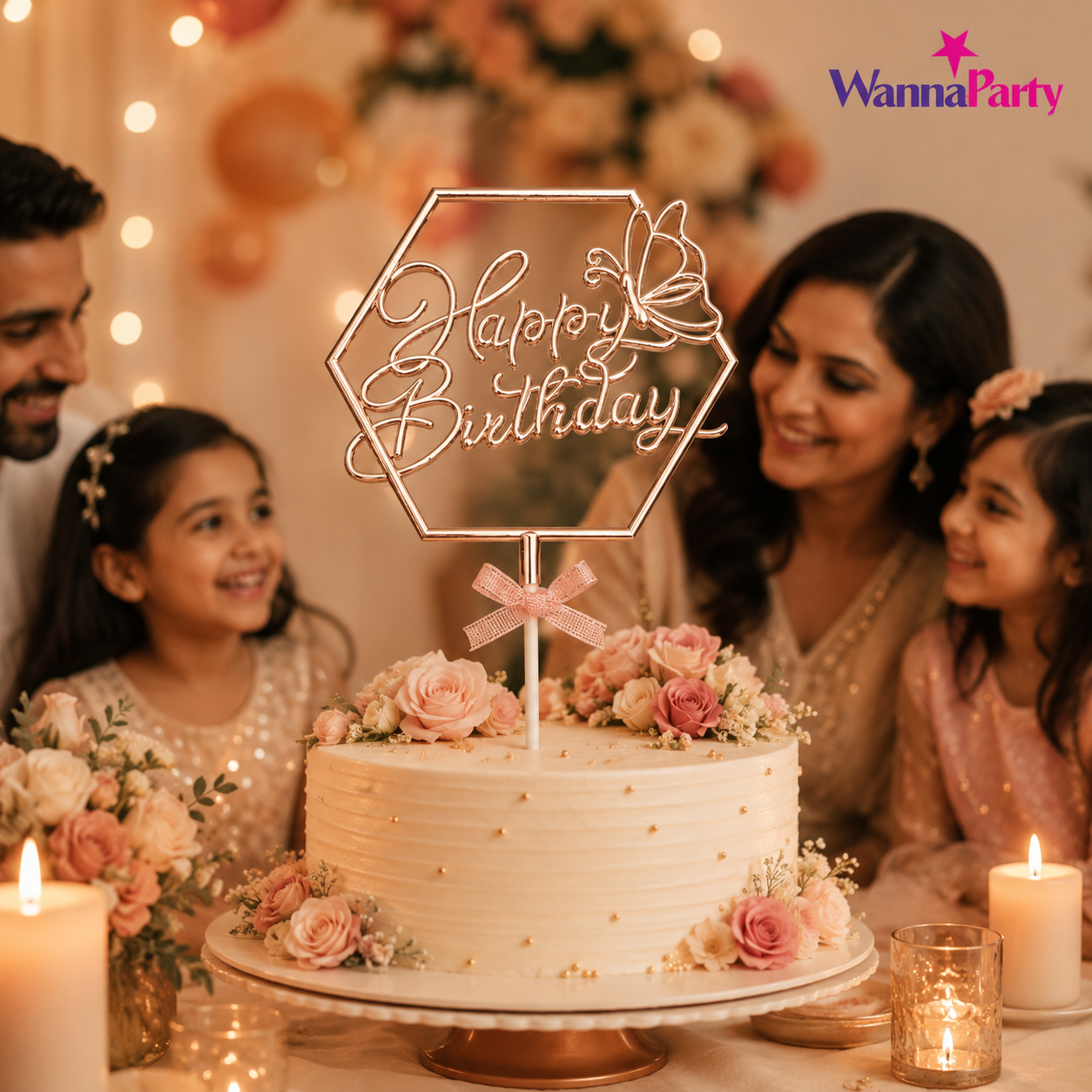 Happy Birthday Cake Topper, Rose Gold Hexagon Frame with Butterfly & Bow | Birthday Cake Decoration Pick for Kids, Adults, Party Cakes & Dessert Table – 1PC