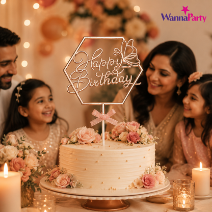 Happy Birthday Cake Topper, Rose Gold Hexagon Frame with Butterfly & Bow | Birthday Cake Decoration Pick for Kids, Adults, Party Cakes & Dessert Table – 1PC