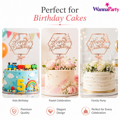 Happy Birthday Cake Topper, Rose Gold Hexagon Frame with Butterfly & Bow | Birthday Cake Decoration Pick for Kids, Adults, Party Cakes & Dessert Table – 1PC