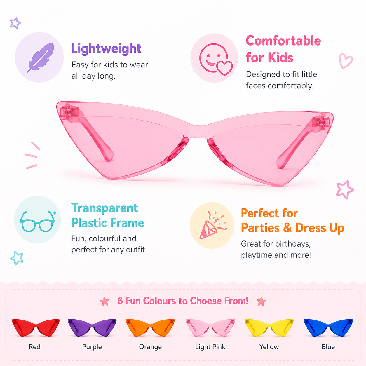 Multicolour Futuristic Cat Eye Party Sunglasses - Pack of 6 | Rimless Novelty Glasses