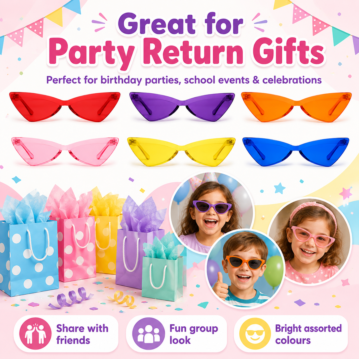 Multicolour Futuristic Cat Eye Party Sunglasses - Pack of 6 | Rimless Novelty Glasses