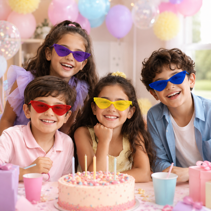 Multicolour Futuristic Cat Eye Party Sunglasses - Pack of 6 | Rimless Novelty Glasses