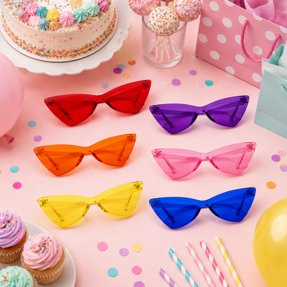 Multicolour Futuristic Cat Eye Party Sunglasses - Pack of 6 | Rimless Novelty Glasses