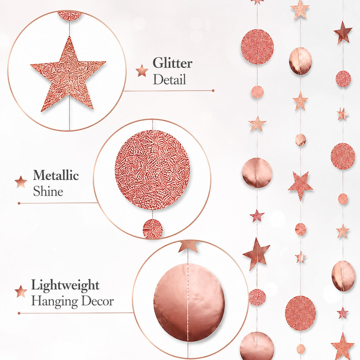 Round and Star Rose Gold Hanging Decoration - 6FT