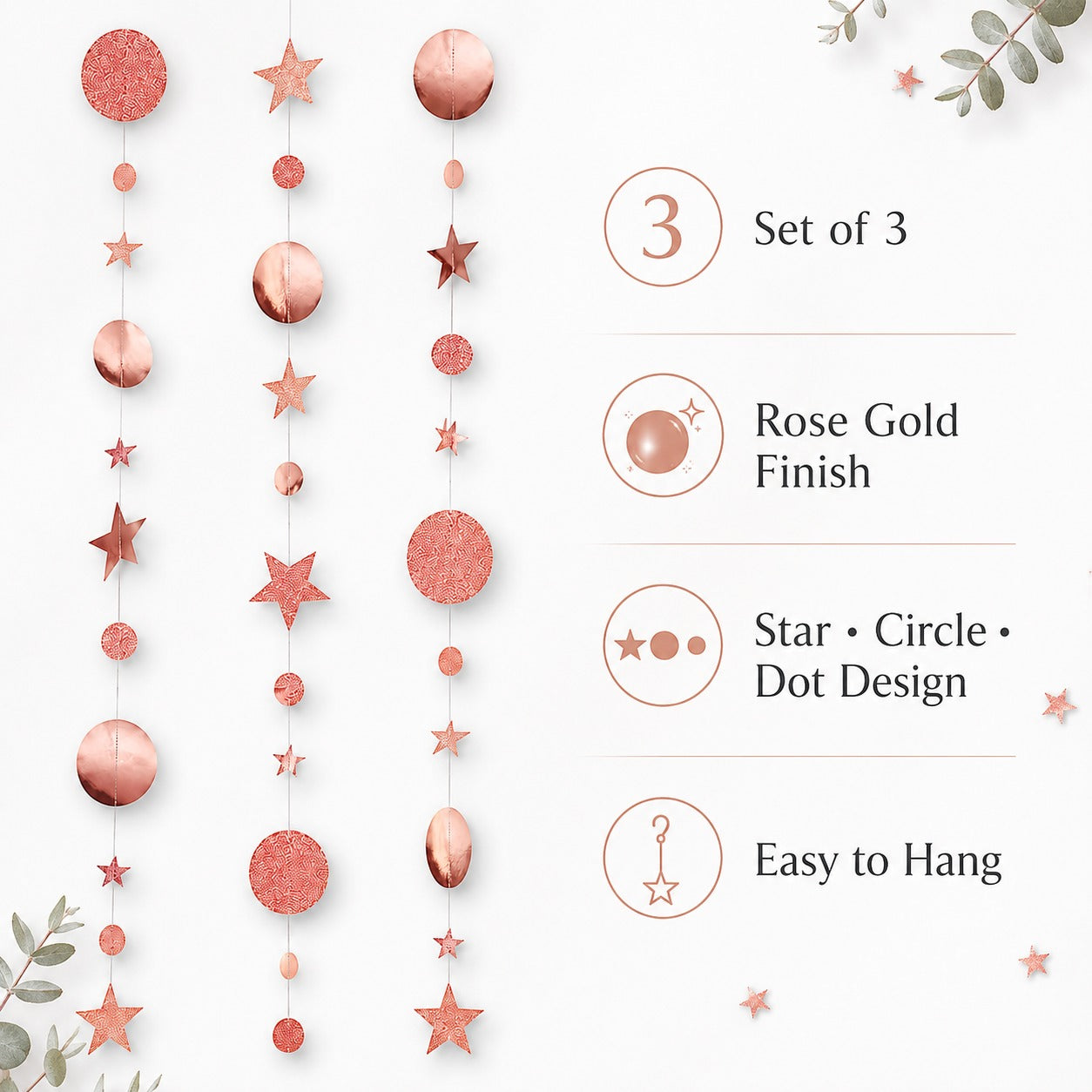 Round and Star Rose Gold Hanging Decoration - 6FT