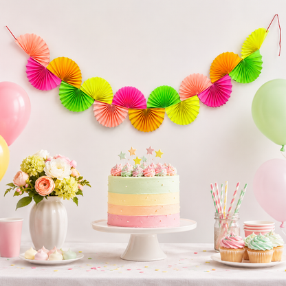 Neon Rainbow Chain Garland Party Decoration Paper Fans - 6FT