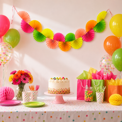 Neon Rainbow Chain Garland Party Decoration Paper Fans - 6FT