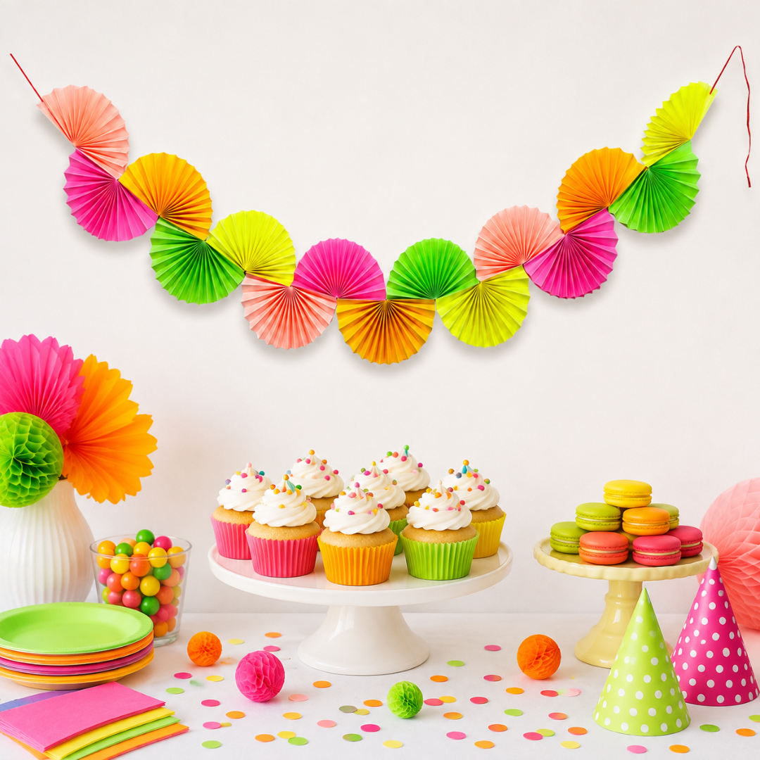 Neon Rainbow Chain Garland Party Decoration Paper Fans - 6FT