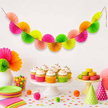 Neon Rainbow Chain Garland Party Decoration Paper Fans - 6FT