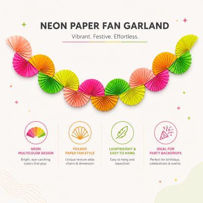 Neon Rainbow Chain Garland Party Decoration Paper Fans - 6FT