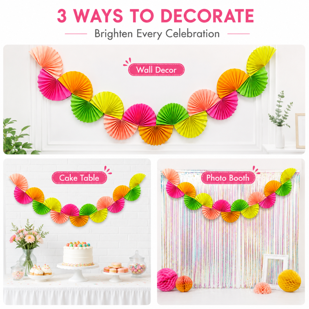 Neon Rainbow Chain Garland Party Decoration Paper Fans - 6FT